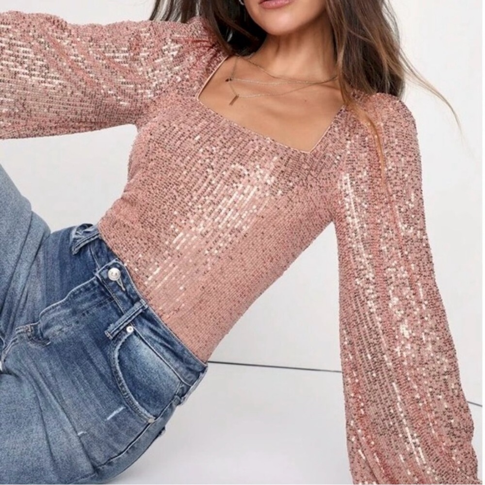 NWT Lulus Stay Shining Rose‎ Gold Sequin Long Sleeve Top Party Holiday XL